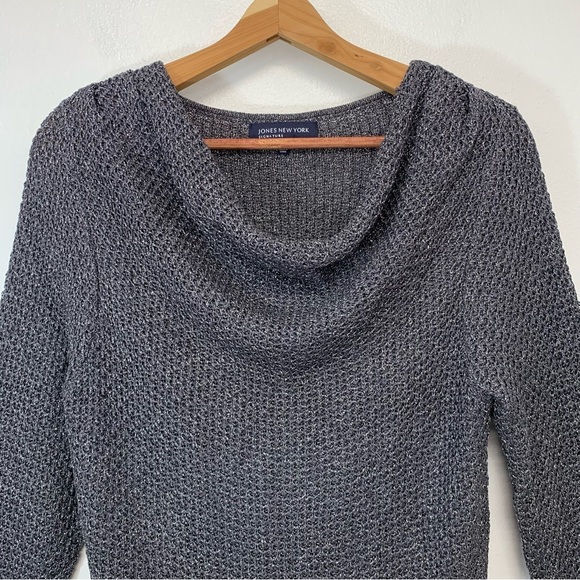 Jones NY Sweater Woman Large Silver Metallic Cowl Neck Long Sleeve Casual Work - Picture 2 of 8